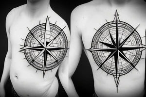 Compass rose over a thin line world map tattoo idea