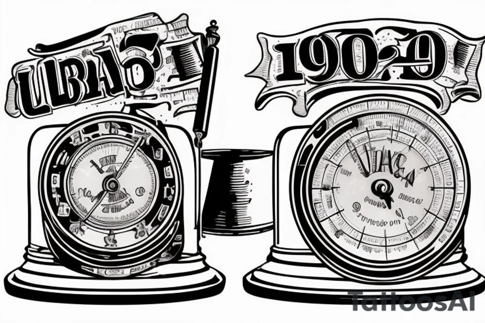 an old school libra with a plate on the stand with the year 1997, on the leftside a weigth with the inscription 69 and on the rightside a weigth with the inscripton 65 tattoo idea