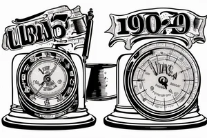 an old school libra with a plate on the stand with the year 1997, on the leftside a weigth with the inscription 69 and on the rightside a weigth with the inscripton 65 tattoo idea