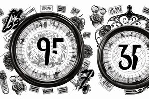 a libra with a plate on the stand with the year 1997, on the leftside a weigth with the inscription 69 and on the rightside a weigth with the inscripton 65 tattoo idea
