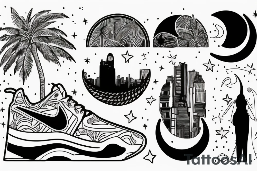 Astronaut sitting inside a crescent moon wearing nikes. City skyline in the background with palm tress tattoo idea