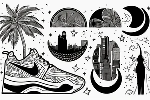 Astronaut sitting inside a crescent moon wearing nikes. City skyline in the background with palm tress tattoo idea