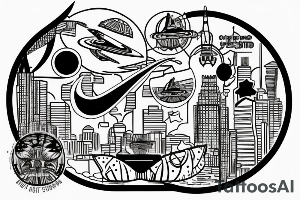 Astronaut sitting inside a crescent moon wearing nikes. City skyline in the background with palm tress tattoo idea