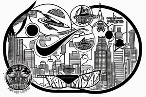 Astronaut sitting inside a crescent moon wearing nikes. City skyline in the background with palm tress tattoo idea