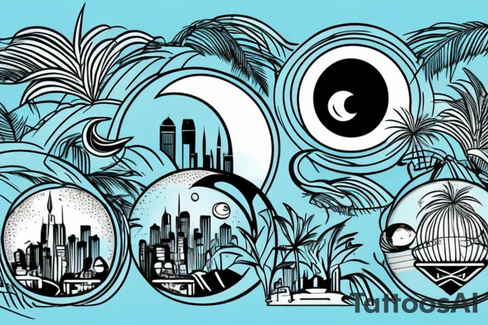 Astronaut sitting inside a crescent moon. City skyline in the background with palm tress tattoo idea