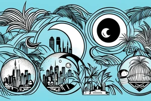 Astronaut sitting inside a crescent moon. City skyline in the background with palm tress tattoo idea