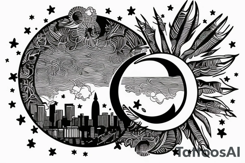 Astronaut sitting inside a crescent moon. City skyline in the background with palm tress tattoo idea