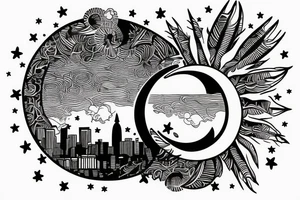 Astronaut sitting inside a crescent moon. City skyline in the background with palm tress tattoo idea