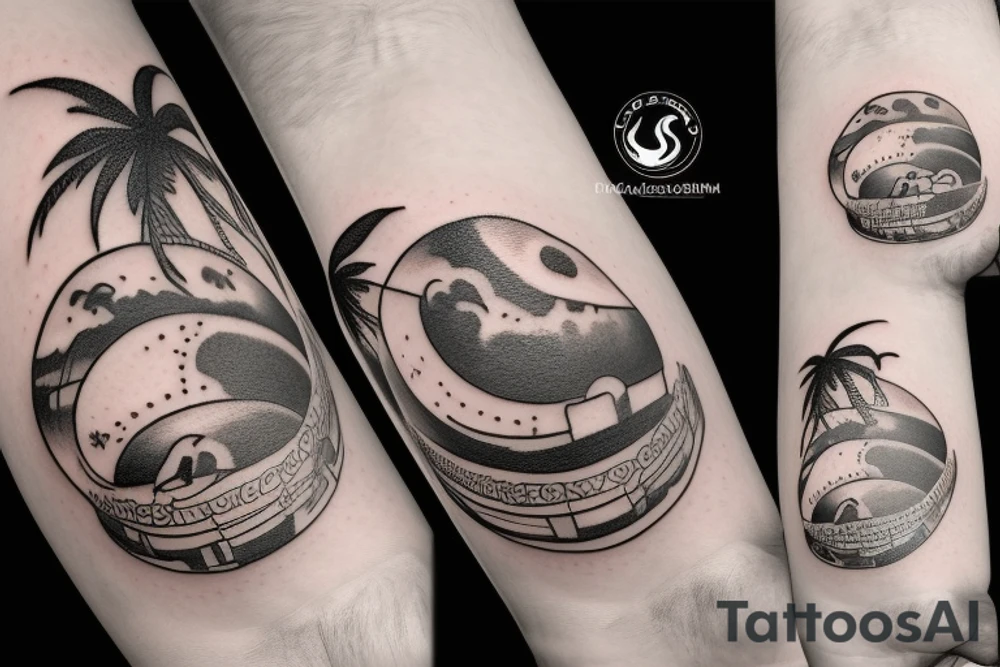Astronaut sitting inside a crescent moon. City skyline in the background with palm tress tattoo idea