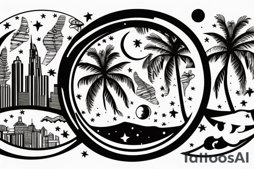 Astronaut sitting inside a crescent moon. City skyline in the background with palm tress tattoo idea