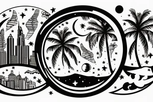 Astronaut sitting inside a crescent moon. City skyline in the background with palm tress tattoo idea
