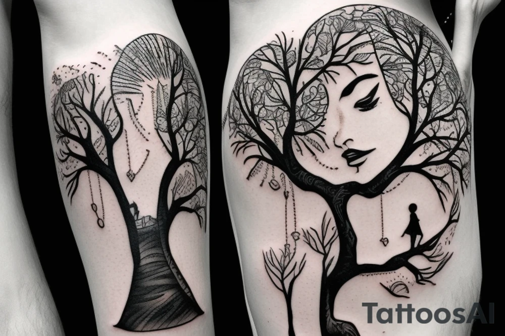 Women con a dress climbing a tree tattoo idea