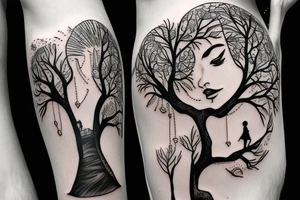 Women con a dress climbing a tree tattoo idea