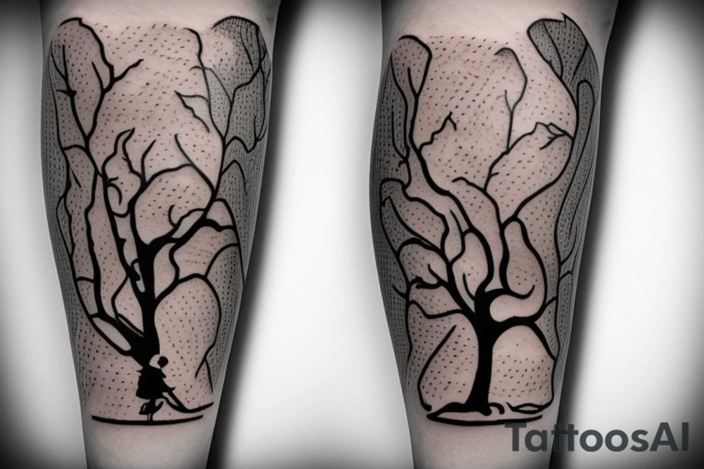 Women con a dress climbing a tree tattoo idea