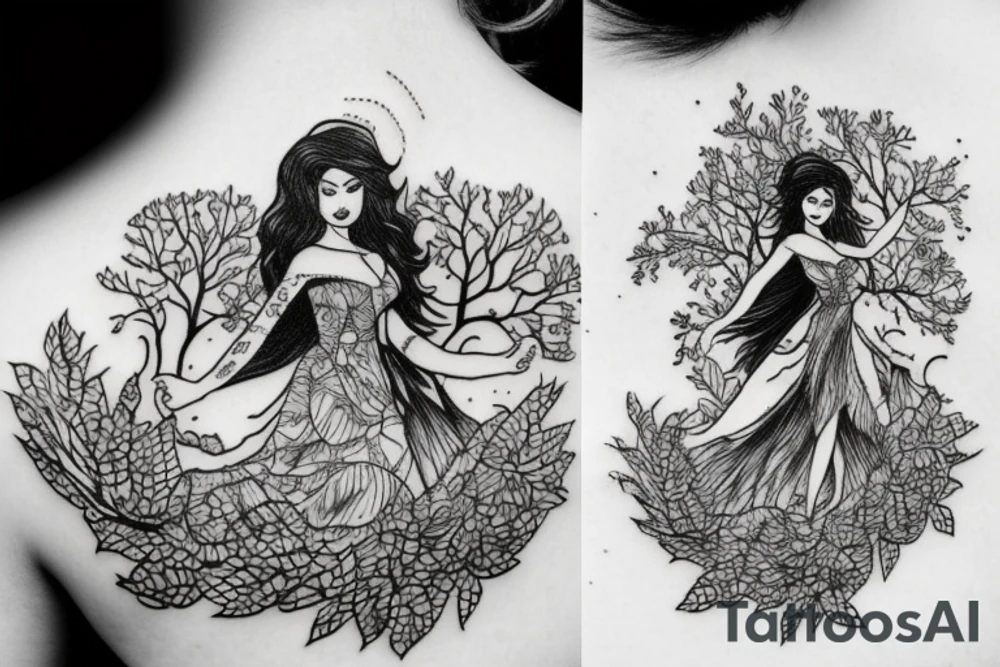 Women in a dress climbing a tree tattoo idea