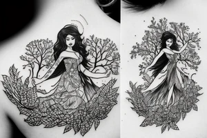 Women in a dress climbing a tree tattoo idea