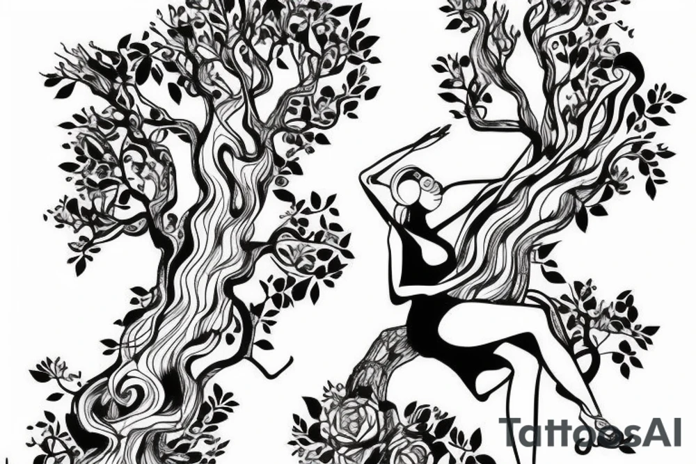 Women in a dress climbing a tree tattoo idea
