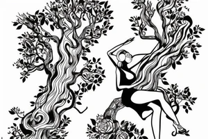 Women in a dress climbing a tree tattoo idea