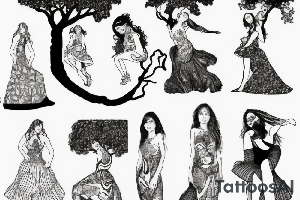 Women in a dress climbing a tree tattoo idea
