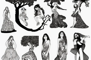 Women in a dress climbing a tree tattoo idea