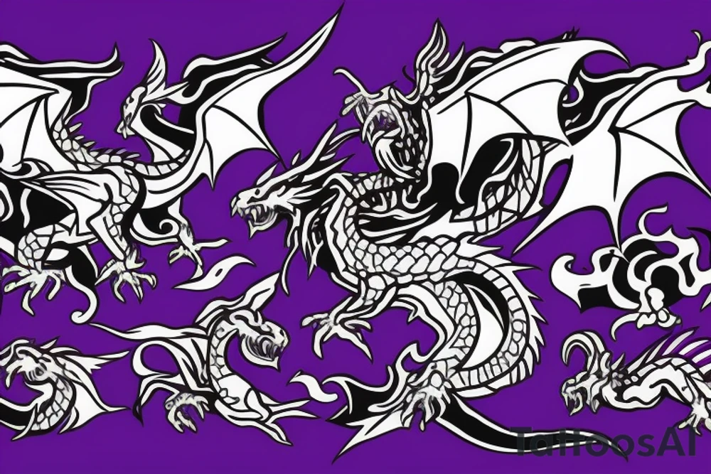 Goth purple and black dragon flying burning with a sword tattoo idea