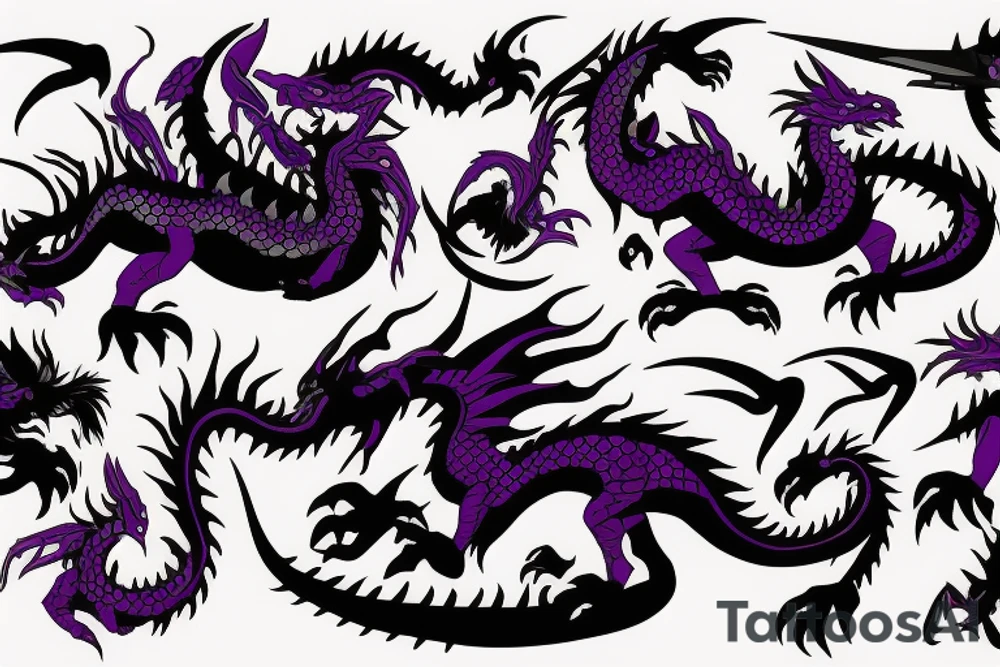 Goth purple and black dragon flying burning with a sword tattoo idea