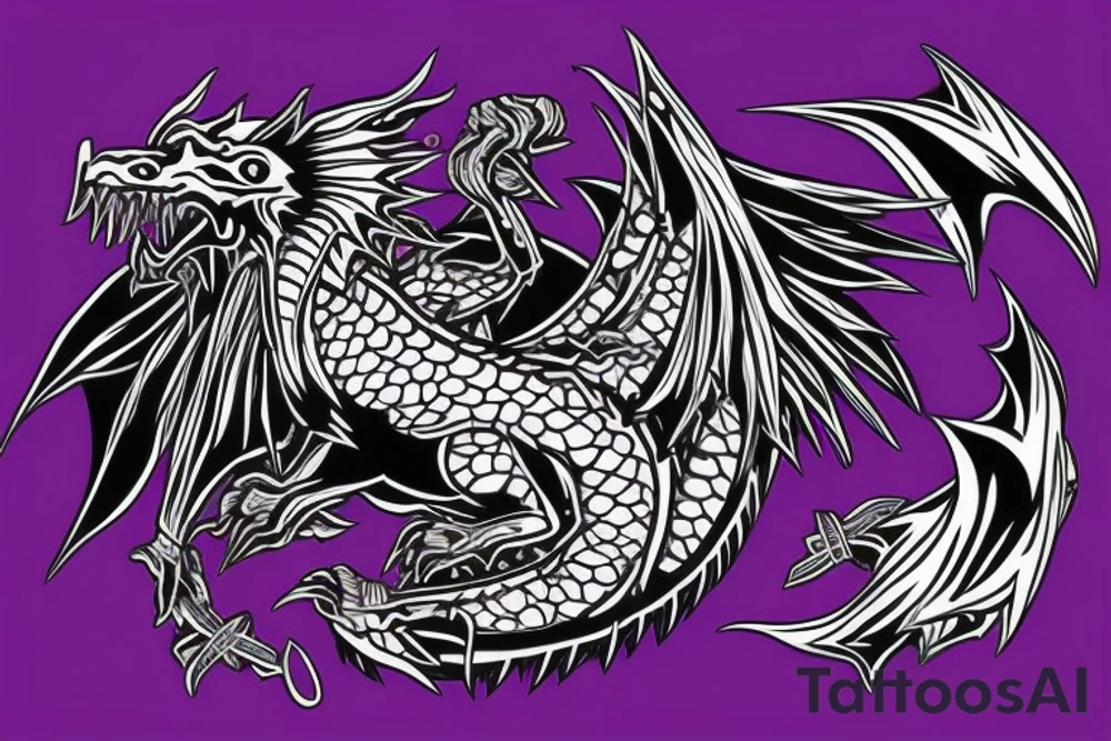 Goth purple and black dragon flying burning with a sword tattoo idea