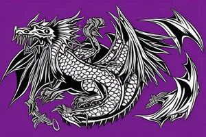 Goth purple and black dragon flying burning with a sword tattoo idea