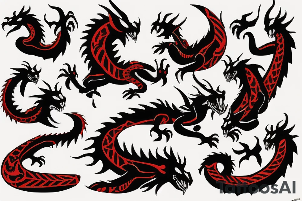 dragon shape black and red tattoo idea
