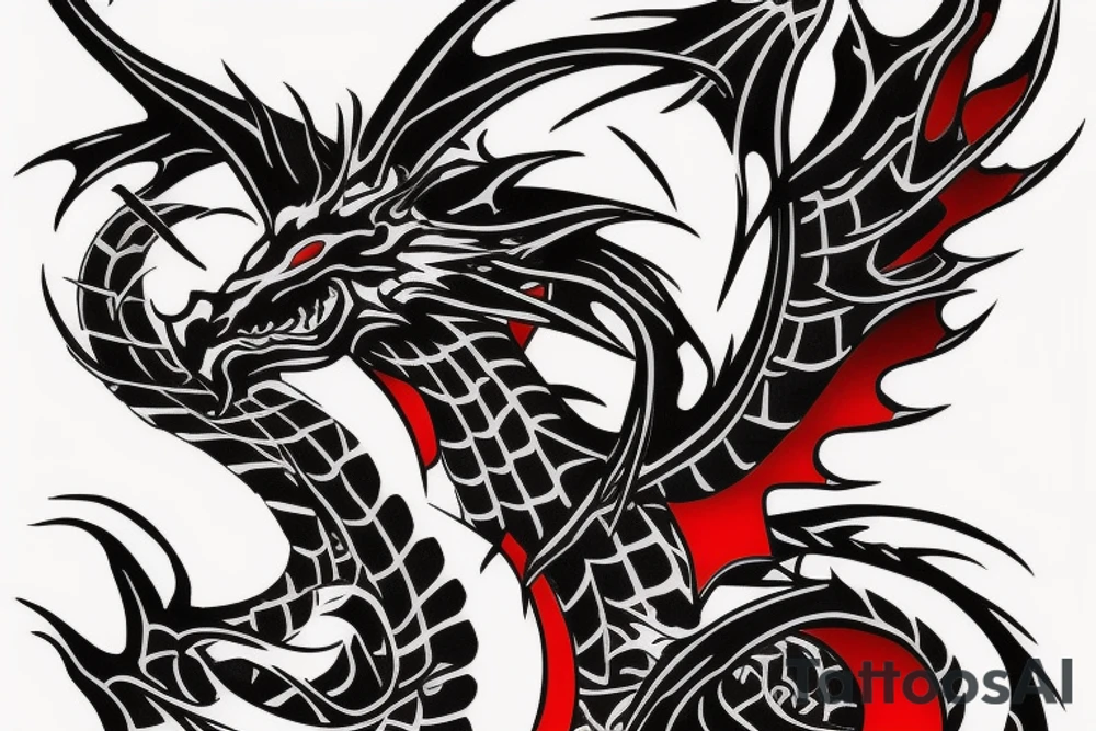 dragon shape black and red tattoo idea