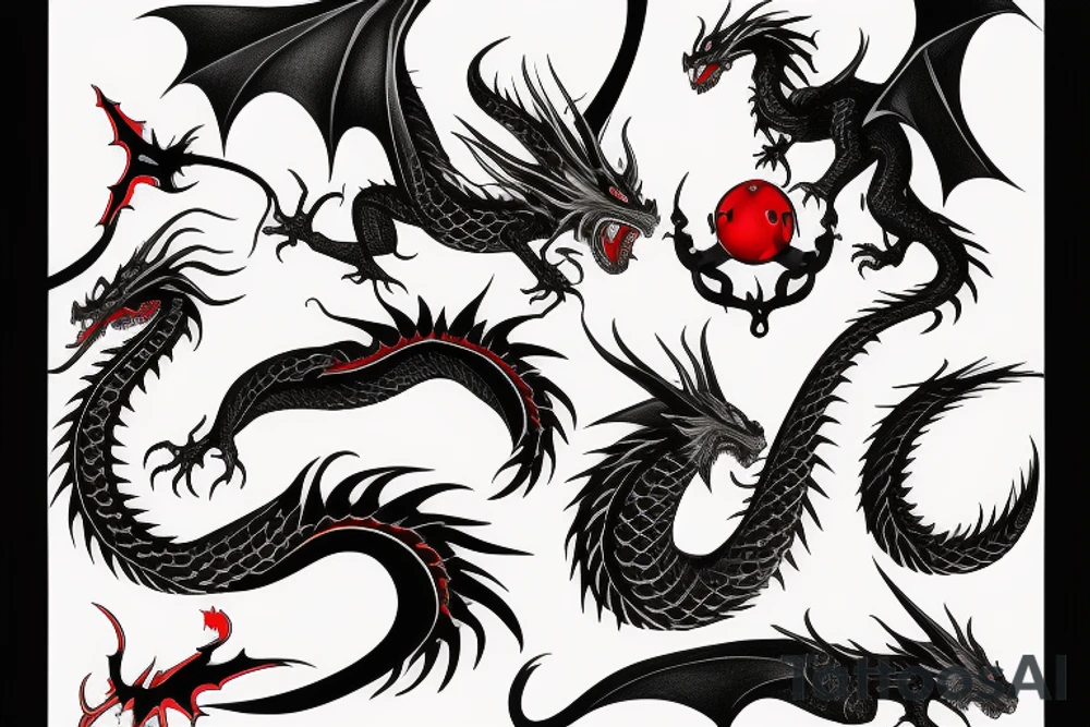 dragon shape black and red tattoo idea