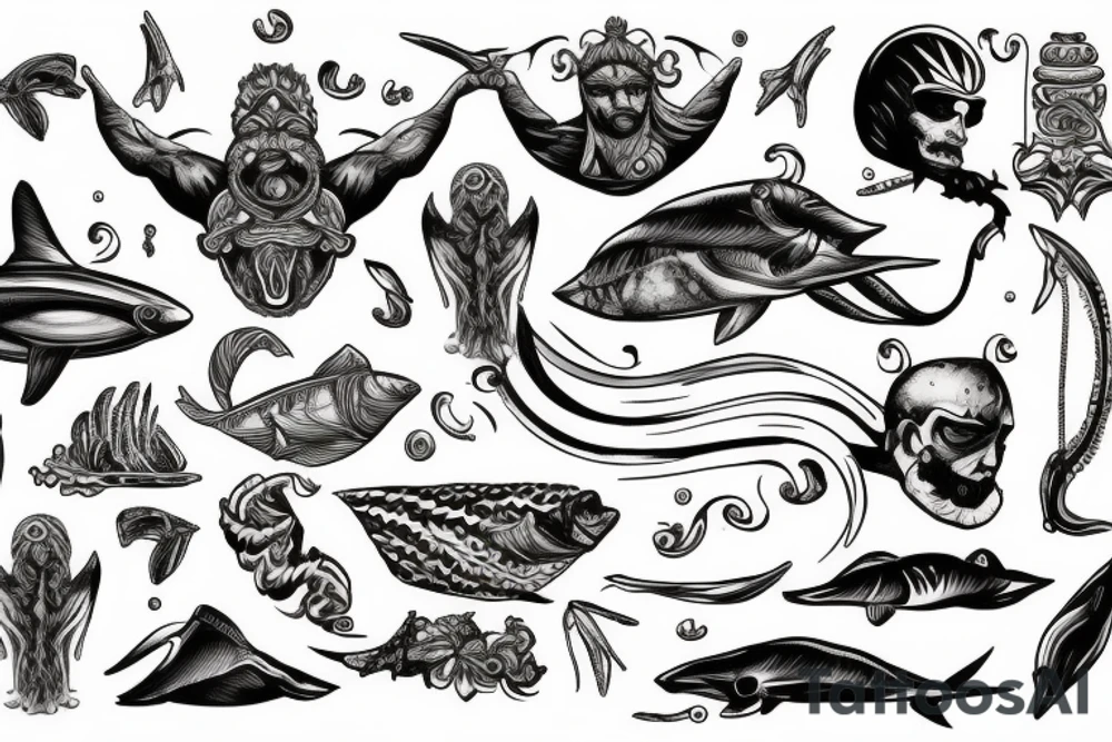 Tridente de poseidon com animais marinhos sinistros envolta de ondas tattoo idea Tridente de poseidon com animais marinhos sinistros envolta de ondas tattoo idea