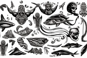Tridente de poseidon com animais marinhos sinistros envolta de ondas tattoo idea