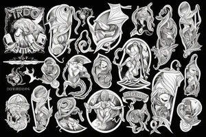 Tridente de poseidon com animais marinhos sinistros envolta de ondas tattoo idea