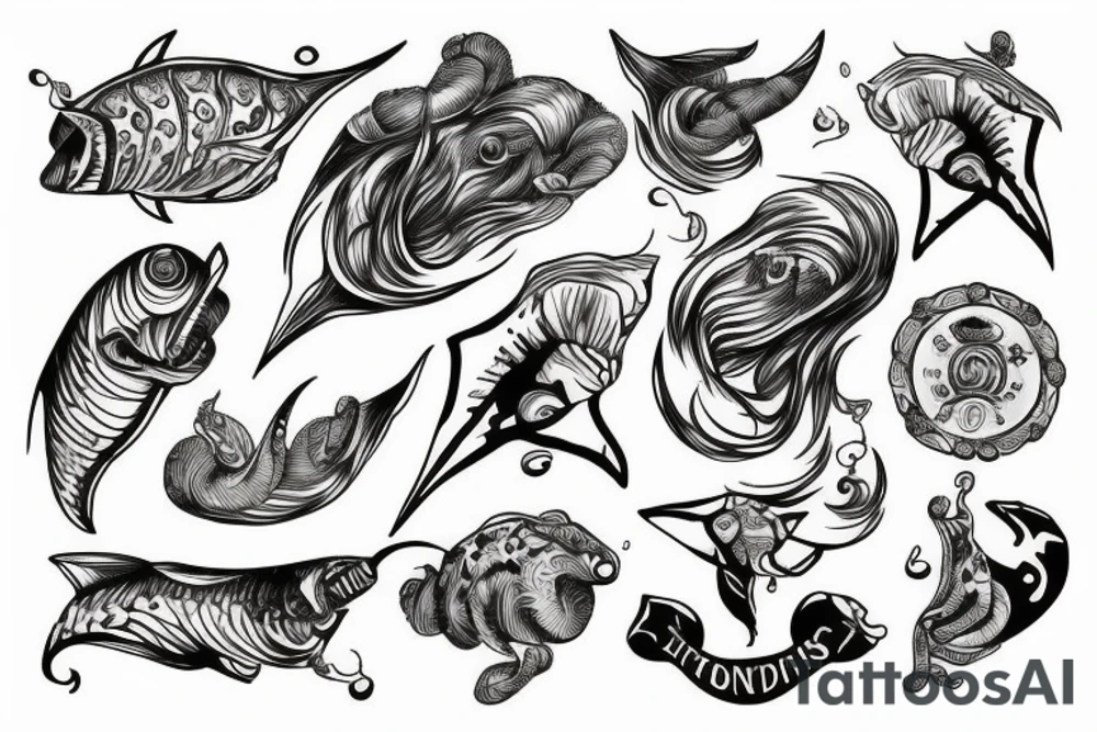 Tridente de poseidon com animais marinhos sinistros envolta de ondas tattoo idea