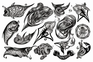 Tridente de poseidon com animais marinhos sinistros envolta de ondas tattoo idea