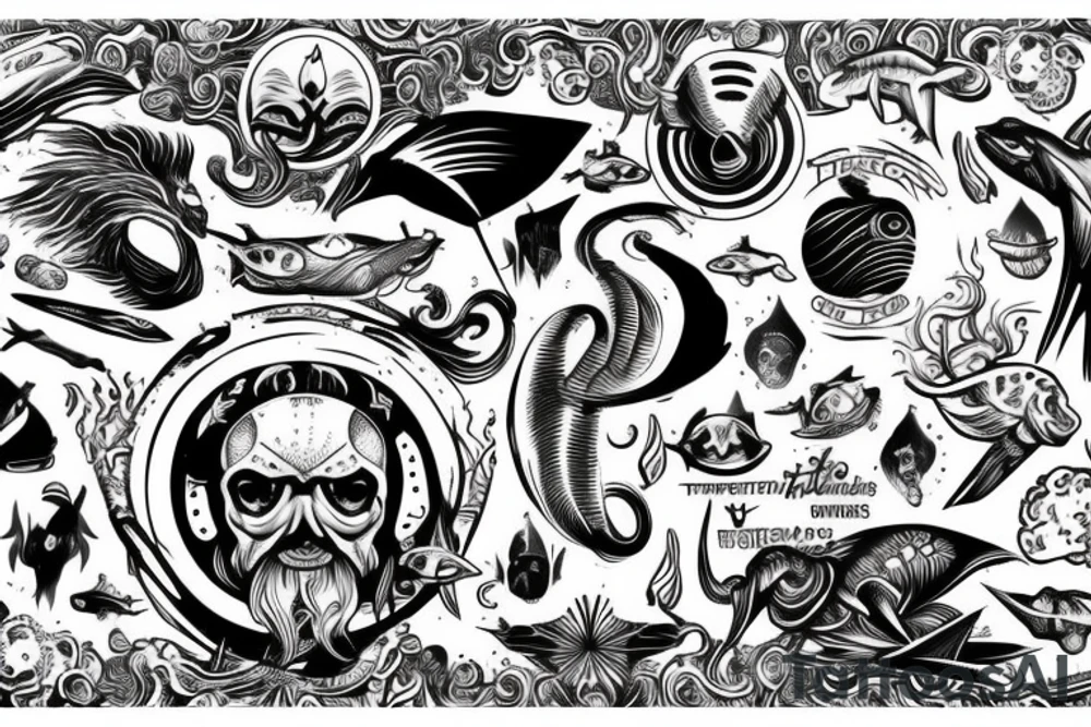 Tridente de poseidon com animais marinhos sinistros envolta de ondas tattoo idea