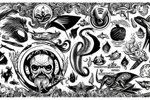 Tridente de poseidon com animais marinhos sinistros envolta de ondas tattoo idea