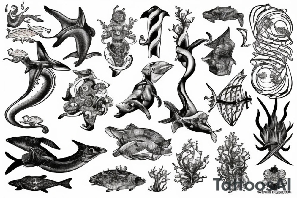 Poseidons trident with marine animals in the sea tattoo idea