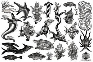 Poseidons trident with marine animals in the sea tattoo idea