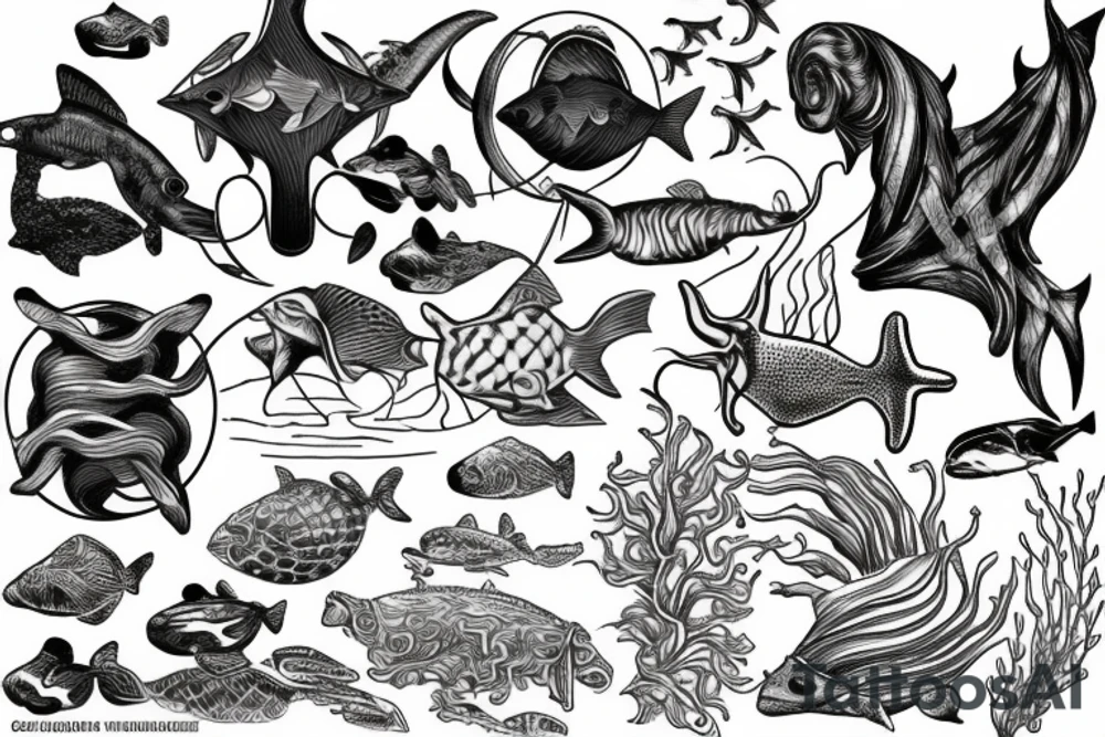 Poseidons trident with marine animals in the sea tattoo idea