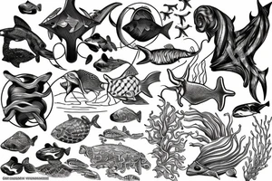 Poseidons trident with marine animals in the sea tattoo idea