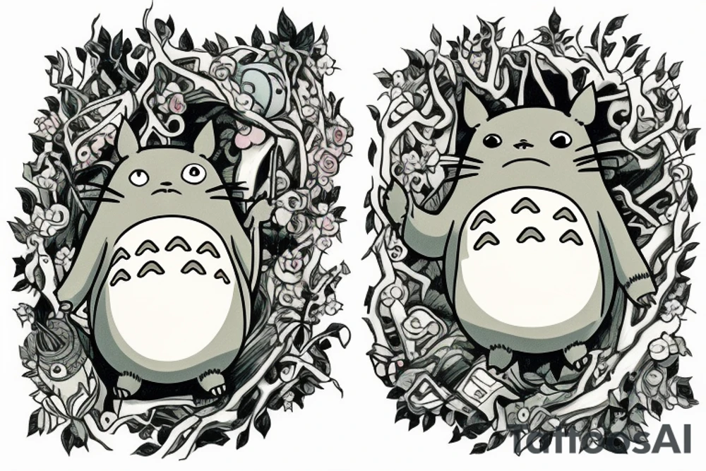 Totori from the Miyazaki animation. Totoro is sitting on a tree tattoo idea
