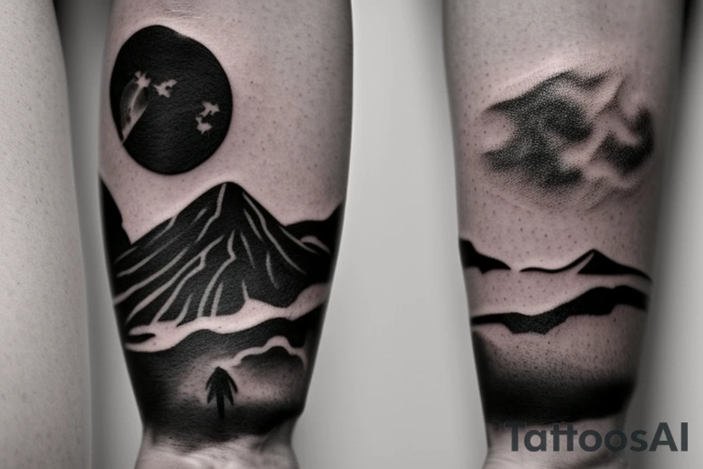A tattoo in black and white, from wrist to elbow, consiting of 3 main ideas: bottom side something related to earth like a vulcano or a plain with a few trees, in the middle one or two clouds with big lightnings and top side consisting of a planet or something galaxy/stars related. It should be very realistic and detailed. tattoo idea