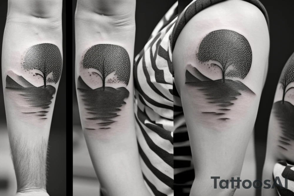 A tattoo in black and white, from wrist to elbow, consiting of 3 main ideas: bottom side something related to earth like a vulcano or a plain with a few trees, in the middle one or two clouds with big lightnings and top side consisting of a planet or something galaxy/stars related. It should be very realistic and detailed. tattoo idea