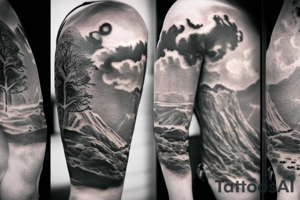 A tattoo in black and white, from wrist to elbow, consiting of 3 main ideas: bottom side something related to earth like a vulcano or a plain with a few trees, in the middle one or two clouds with big lightnings and top side consisting of a planet or something galaxy/stars related. It should be very realistic and detailed. tattoo idea