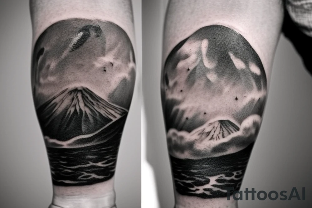 A tattoo in black and white, from wrist to elbow, consiting of 3 main ideas: bottom side something related to earth like a vulcano or a plain with a few trees, in the middle one or two clouds with big lightnings and top side consisting of a planet or something galaxy/stars related. It should be very realistic and detailed. tattoo idea