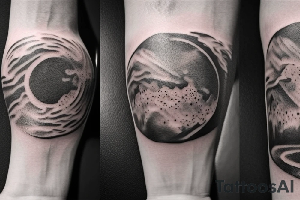 A tattoo in black and white, from wrist to elbow, consisting of 3 main ideas: bottom side something related to earth like a vulcano or a plain with a few trees, in the middle one or two clouds with big lightnings and top side consisting of a planet or something galaxy/stars related. It should be very realistic and detailed. tattoo idea