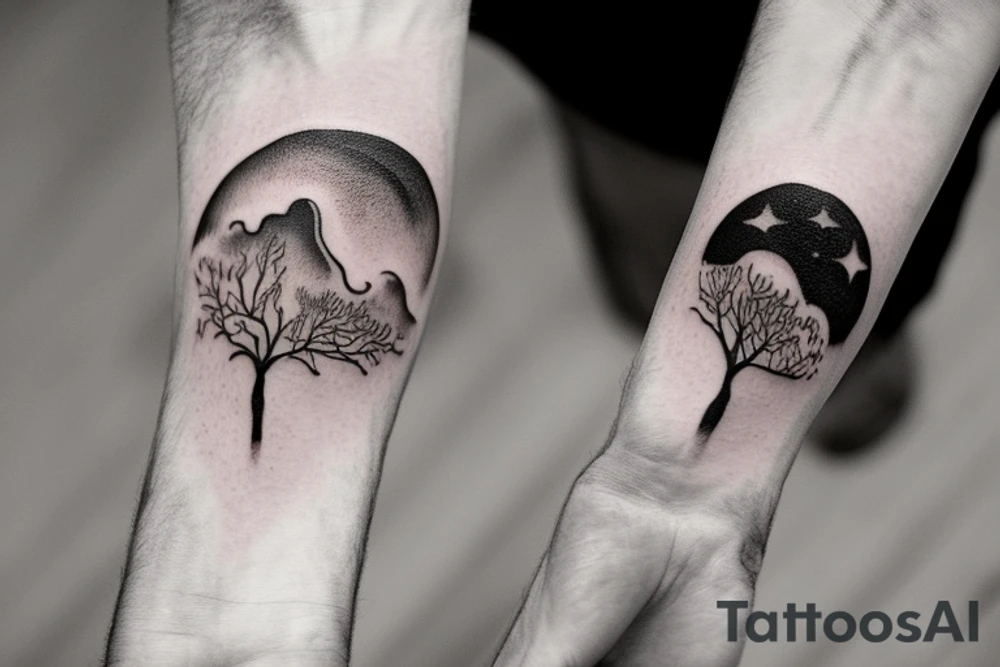 A tattoo in black and white, from wrist to elbow, consisting of 3 main ideas: bottom side something related to earth like a vulcano or a plain with a few trees, in the middle one or two clouds with big lightnings and top side consisting of a planet or something galaxy/stars related. It should be very realistic and detailed. tattoo idea