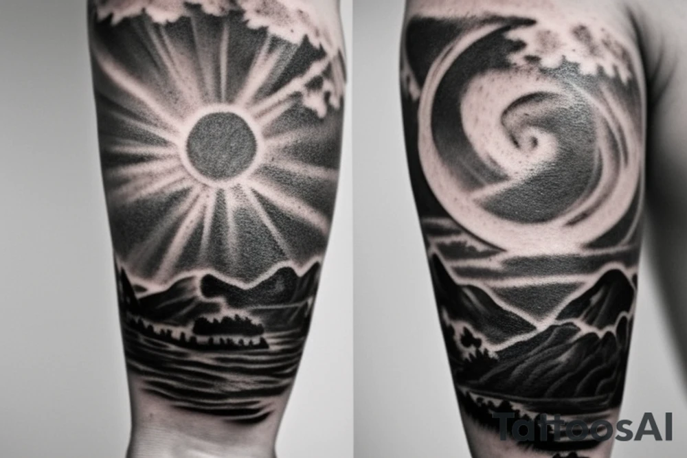 A tattoo in black and white, from wrist to elbow, consisting of 3 main ideas: bottom side a plain with a few trees, in the middle two clouds with big lightnings and top side a planet with white stars around it. It should be very realistic and detailed. tattoo idea
